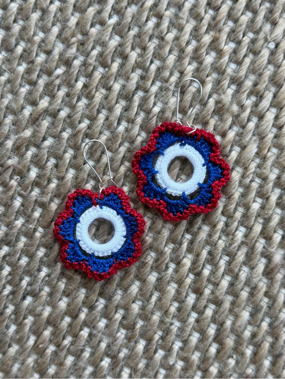 Hand Crafted Red, Blue & White Crochet Flower Drop Earrings